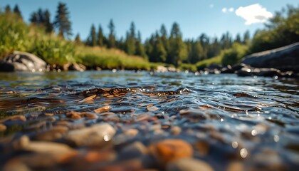 Fototapeta premium clear flowing river with gentle ripples and pebbles under a bright blue sky
