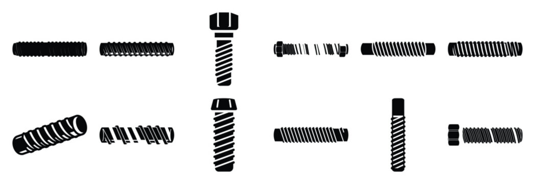 steel threaded rod silhouette vector icons set, industrial machinery parts abstract mechanical illustration.