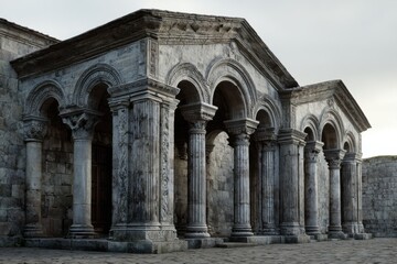 Naklejka premium Exploring the ancient architecture of Cimitile Church Complex at the Paleochristian Site in Caserta, showcasing remarkable stone columns and arches