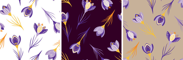 Obraz premium bohemian floral repeat background with blooming crocus flowers on white dark and beige backdrops for elegant surface design