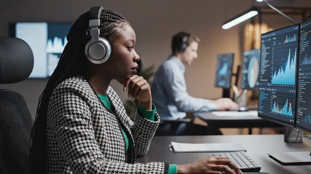 Woman working on computer with data charts