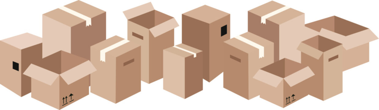 cardboard postal boxes border for moving and delivery services horizontal composition of open and closed brown cartons