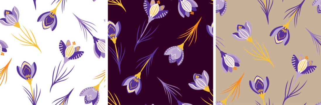 bohemian floral repeat background with blooming crocus flowers on white dark and beige backdrops for elegant surface design