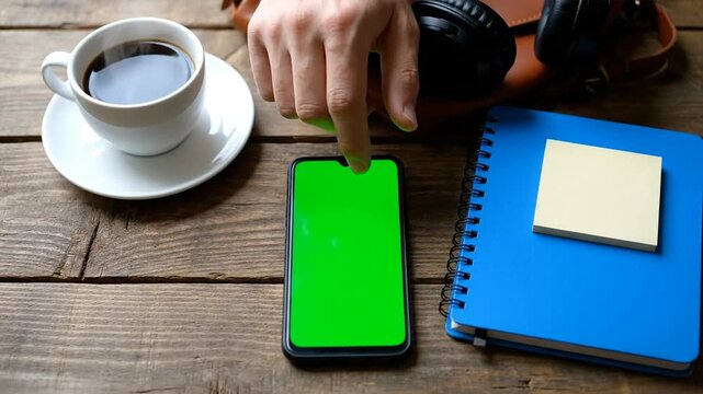 Person interacting with smartphone on a wooden surface near coffee and notepad
