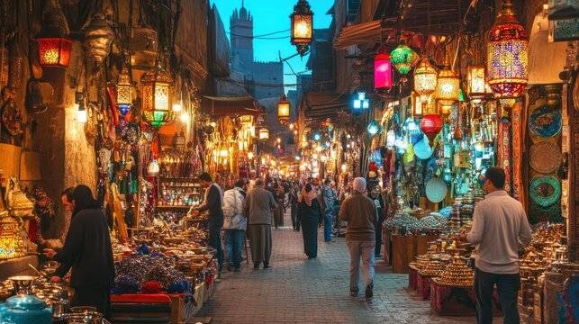 A bustling street market at dusk