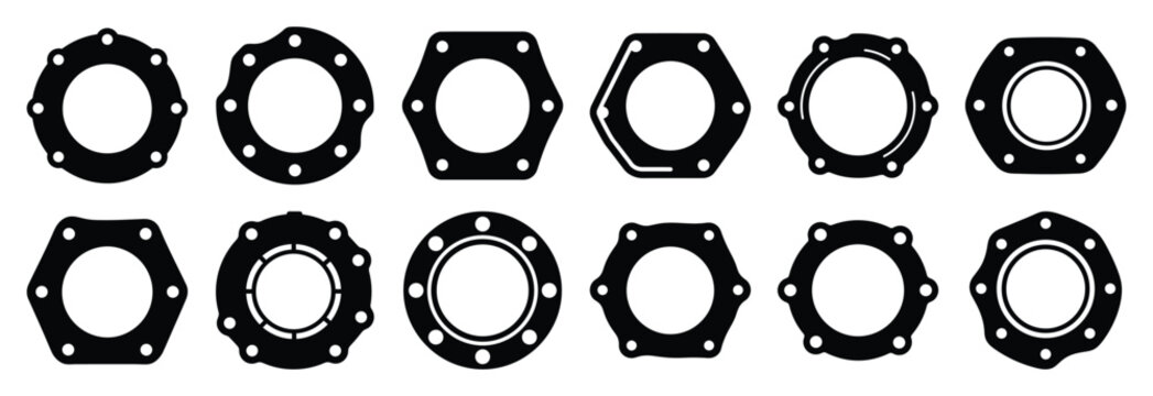 industrial gasket silhouette vector icons set, industrial machinery parts abstract mechanical illustration.