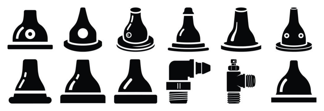 industrial grease nipple silhouette vector icons set, industrial machinery parts abstract mechanical illustration.