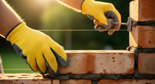 A person laying bricks with yellow gloves on