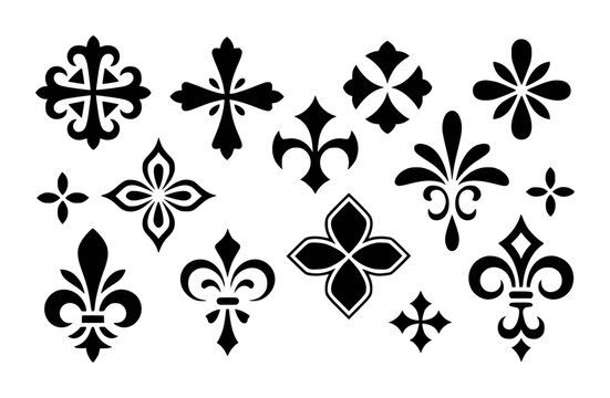 Collection of black heraldic fleur de lis and cross ornamental symbols a white background