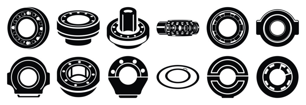 industrial machine bearing silhouette vector icons set, industrial machinery parts abstract mechanical illustration.