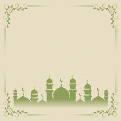 Ramadan Mubarak greeting card with green mosque and floral frame © Mubashshir