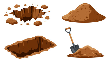 Collection of cartoon holes in the ground and piles of dirt with a shovel earth soil © Anjuman_42