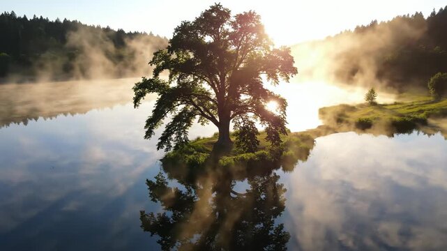 Sweeping aerial drone shot panning over a massive solitary deciduous tree standing on a misty peninsula surrounded by highly reflective, undisturbed deep water dramatic, atmospheric, cinematic