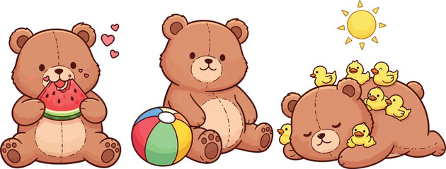 Obraz premium Cute bear enjoying summer activities, adorable animal illustration set, kawaii capybara, different funny animal characters, vector illustration