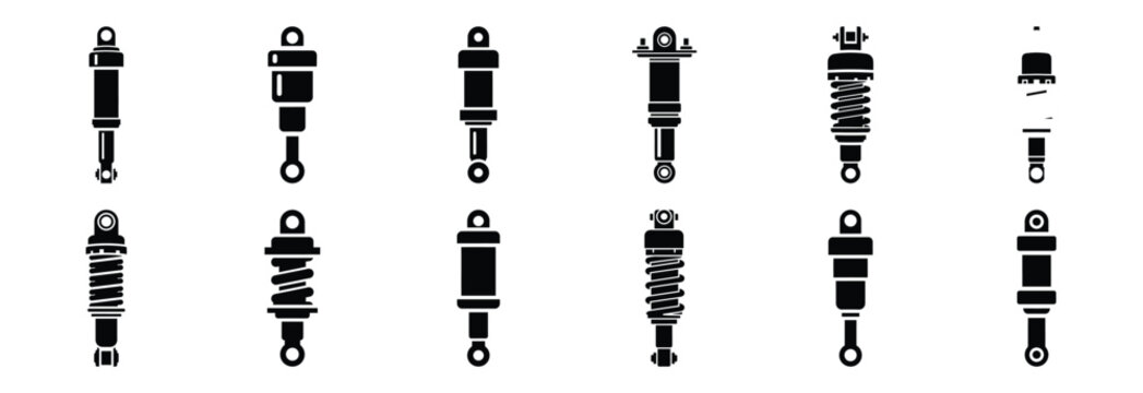 industrial shock absorber silhouette vector icons set, industrial machinery parts abstract mechanical illustration.