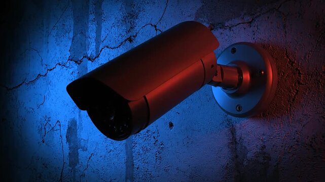 Security camera on textured wall with blue and red lighting