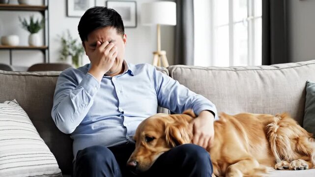 Adult Asian man suffering from pet allergies, rubbing his eyes and nose while sitting with his golden retriever dog on a couch at home. Discomfort and irritation concept