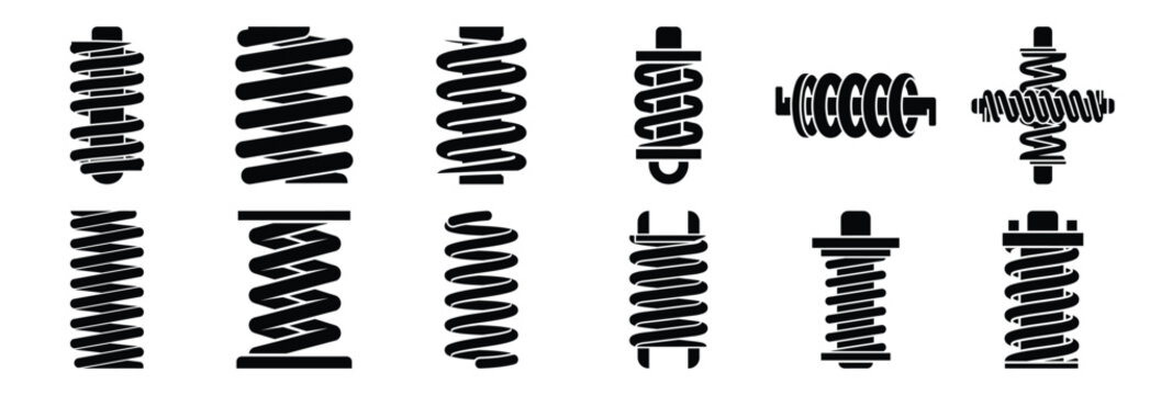 machine compression spring silhouette vector icons set, industrial machinery parts abstract mechanical illustration.