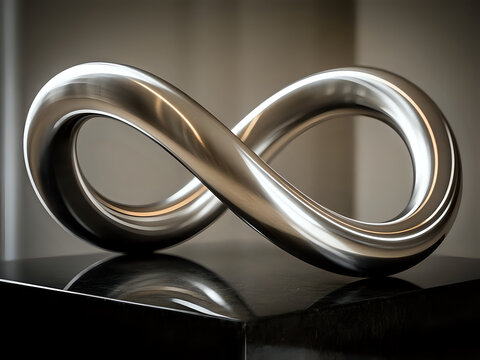 Shiny metallic infinity symbol sculpture on a dark reflective surface with soft lighting