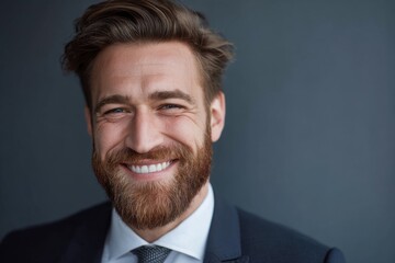 Confident businessman smiles warmly in a professional setting during a corporate event in the late afternoon