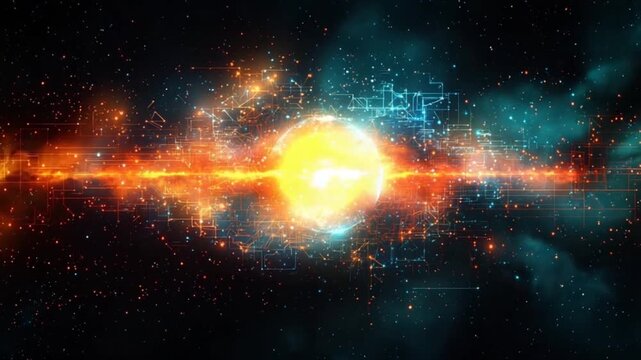 A vibrant, digitally rendered celestial explosion, showcasing a dynamic interplay of light, energy, and complex geometric patterns against a dark backdrop.