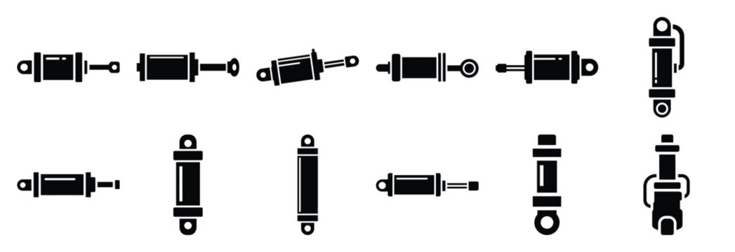 machine hydraulic cylinder silhouette vector icons set, industrial machinery parts abstract mechanical illustration.