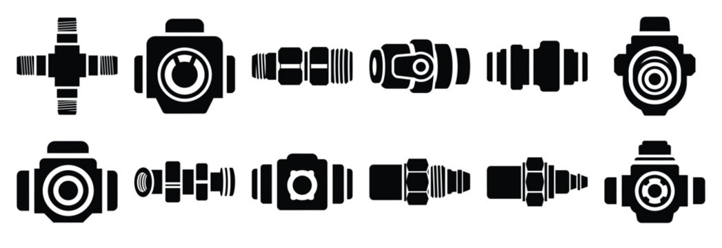 machine hydraulic connector silhouette vector icons set, industrial machinery parts abstract mechanical illustration.