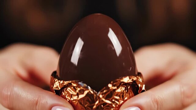 Close-up of female hands unwrapping a chocolate Easter egg covered in gold foil. Woman peeling back golden wrapper to reveal glossy dark chocolate. Holiday sweet treat concept