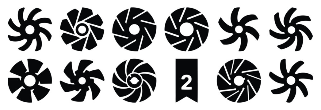 machine impeller silhouette vector icons set, industrial machinery parts abstract mechanical illustration.