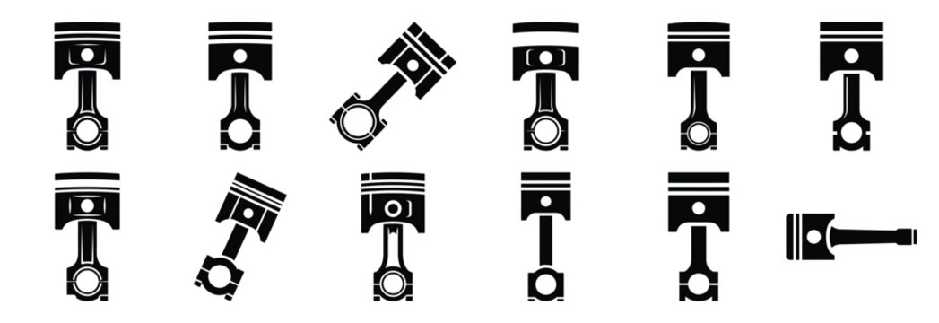 machine piston rod silhouette vector icons set, industrial machinery parts abstract mechanical illustration.