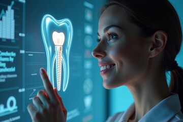 Gorgeous Woman Utilizes Holographic Interface to Evaluate Dental Implant Costs with AI Aid for Budgeting and Financing.