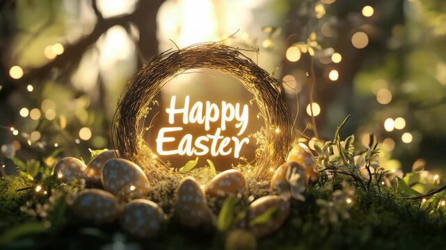 A glowing Happy Easter greeting with a rustic wreath and decorated eggs. Magical forest scene with warm bokeh lights. Animated holiday celebration background
