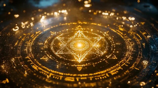 A glowing, stylized magic circle, illuminated by vibrant blue and golden light, radiates an aura of mystery and wonder.