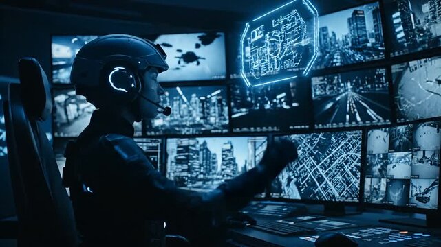 Security operator monitors surveillance screens in a dark interior environment