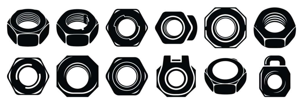 metal locking nut silhouette vector icons set, industrial machinery parts abstract mechanical illustration.