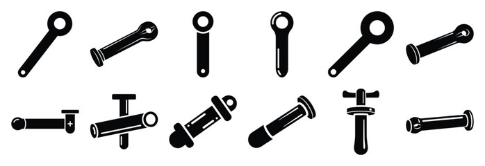 Obraz premium steel coupling pin silhouette vector icons set, industrial machinery parts abstract mechanical illustration.