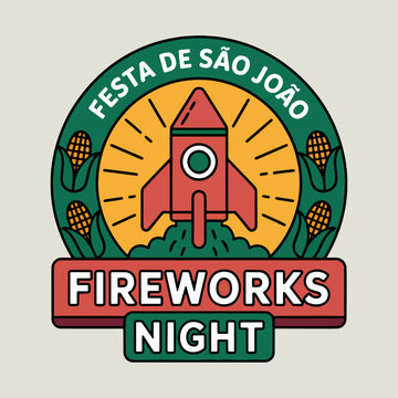 Festa de S&atilde;o Jo&atilde;o fireworks night badge with rocket and corn, Brazilian June festival emblem vector for party posters, markets and cultural celebrations