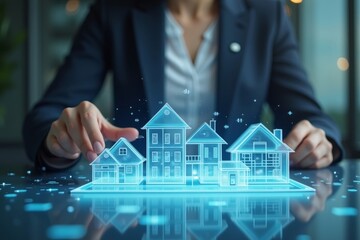 Gorgeous female entrepreneur utilizing AI holographic technology to project modern home models onto translucent building blocks on her stylish desk.