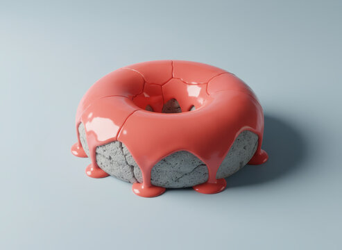 Surreal conceptual concrete donut with glossy pink glaze on a blue background, paradoxical industrial art ideal for creative food marketing, modern interior posters, and unique social media ads