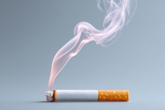 Conceptual image of a cigarette transforming into a thin stream of smoke against a gray background, illustrating the transition from solid to vapor state in a minimalist style