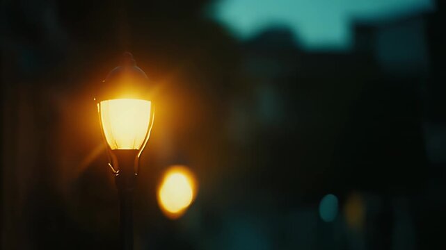 Bright street lamp casting a warm glow, providing light in the nocturnal city setting with blurred bokeh effects creating a serene and atmospheric ambiance