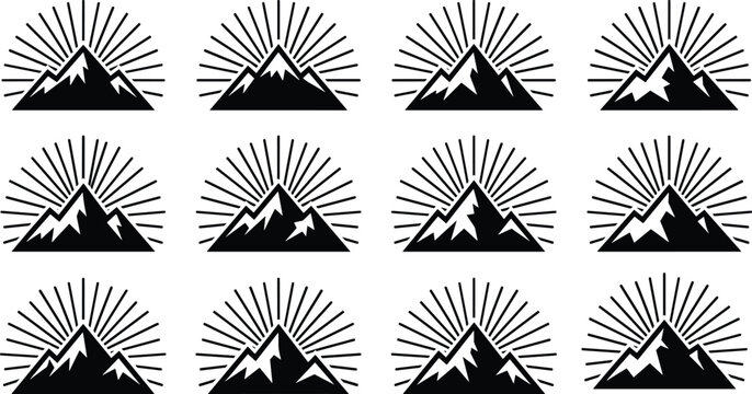 Set of stylized mountain silhouettes with radiating sun rays, ideal for nature, adventure, logo design, and outdoor-themed vector illustrations.