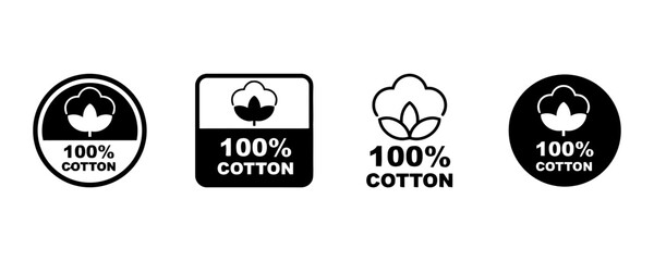 Obraz premium 100 percent cotton labels set four different designs circle square plain with cotton flower symbol for fabric composition and textile quality assurance vector illustration