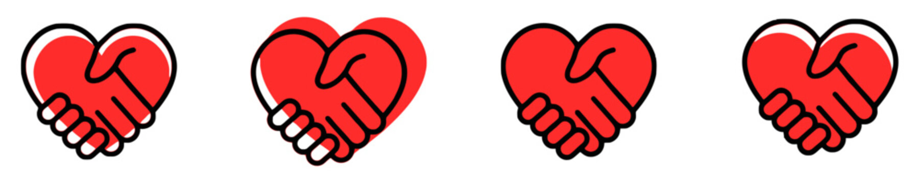Abstract illustration of two hands shaking inside a heart shape, symbolizing love, friendship, agreement, and partnership, with variations in style and outline.