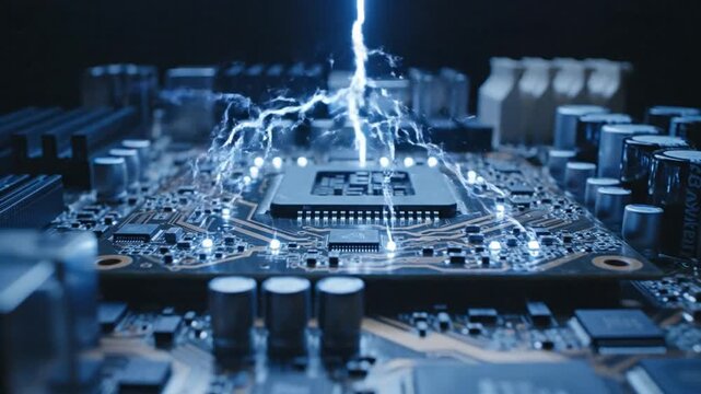 Supercharged CPU Lightning Bolt Strikes Computer Motherboard, Electrical Energy Surge
