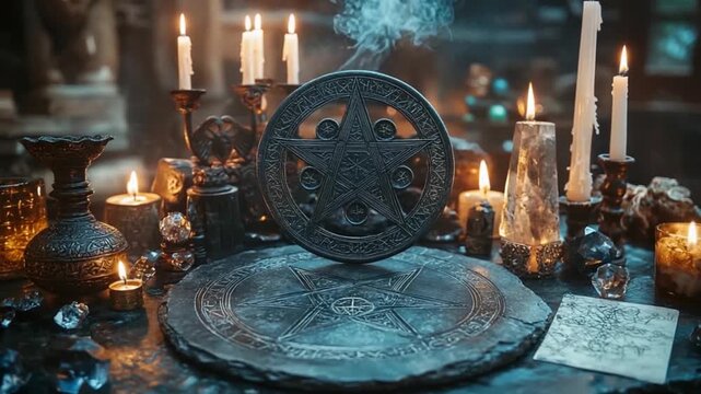 A dark and mystical scene of a magical altar with candles, crystals, and a pentacle.
