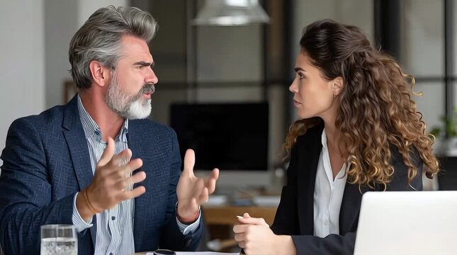 A mature man and a younger woman engage in an intense, animated discussion or disagreement in a modern office setting.