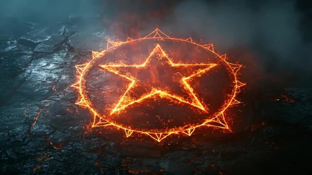 Fiery star symbol etched into cracked volcanic rock.
