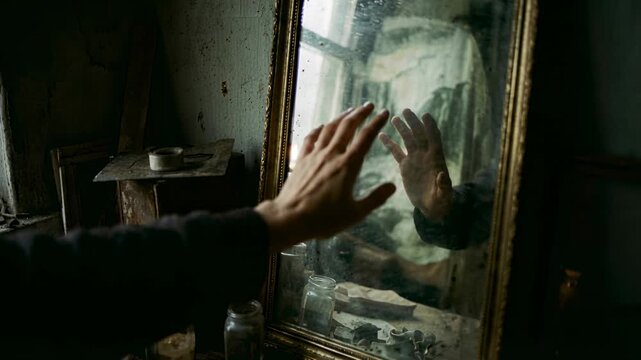 Hand Reaching Toward Old Dusty Mirror in Dim Vintage Room