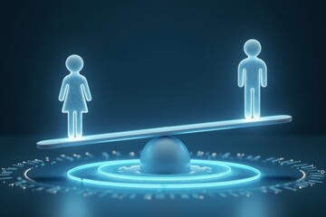 Innovative Divorce Property Division: Stunning Male and Female Pawn Figures on Interactive Holographic Seesaw Utilizing AI Technology